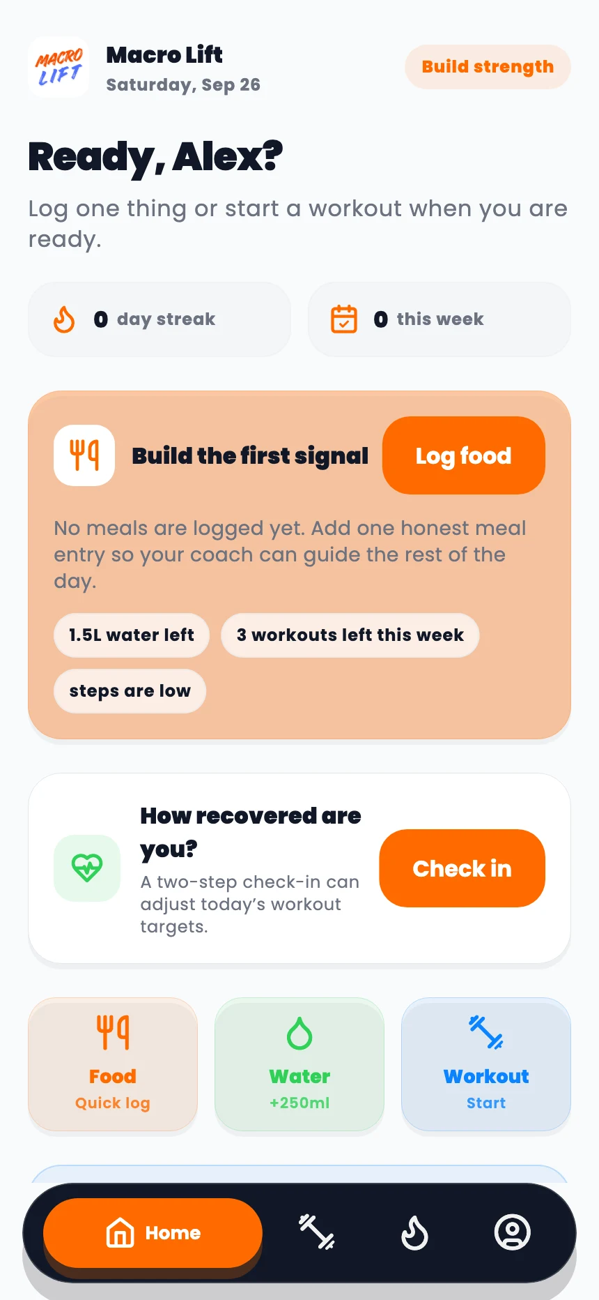 Check in with your day — Macro Lift app screen with sample data