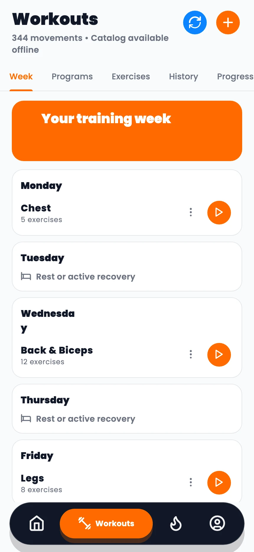 Macro Lift Week tab showing a sample weekly training schedule